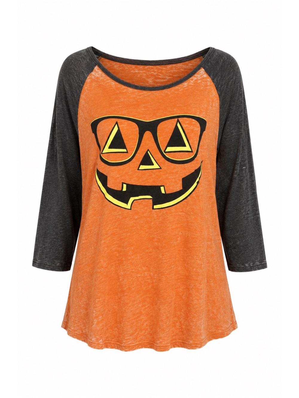 LOL Vintage Nerdy Pumpkin Face 3/4 Sleeve Halloween Raglan Tee Womens L